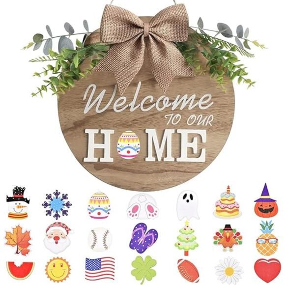 Interchangeable Welcome Home Sign, Seasonal Decor w/ 21 Changeable Icons (12in) - Picture 7 of 7